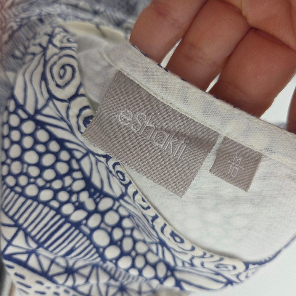 eShakti Midi Dress 10 Blue White Geometric Doodle Print Sleeveless Boho Mod - Picture 4 of 7